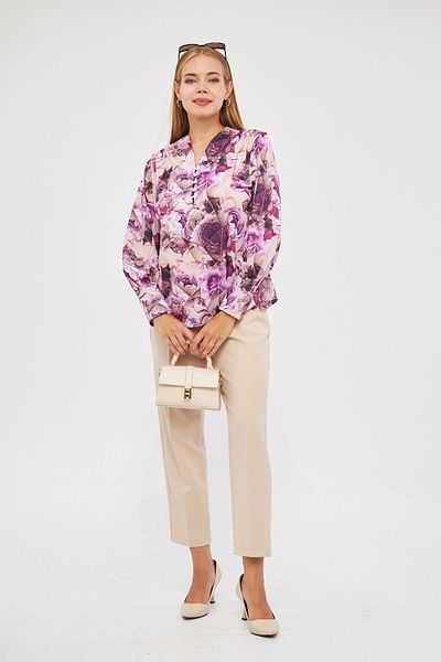 Avones Women's Digital Looked Front Placket Buttoned Sleeve Cuffed Scuba Blouse