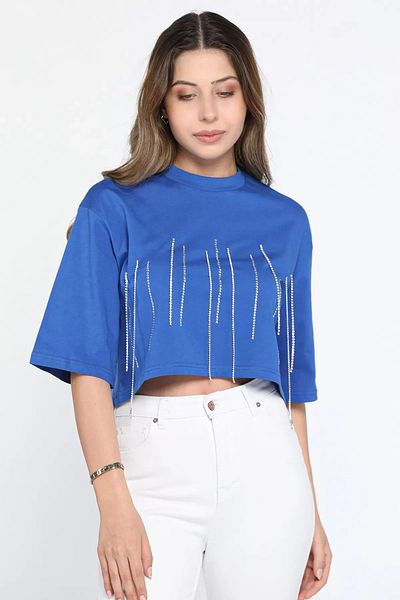 GÜLSELİ Μπλούζα Saks Blue Crew Neck Stone Κεντημένη Oversize Crop Top Μπλούζα