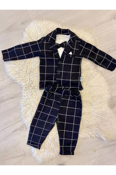 Linoş Kids Erkek Bebek Pamuklu Takım Elbise Papyon - Pantolon - Ceket - Gömlek DÜğün-Nişan Takım Elbisesi
