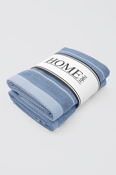 HOME 1961 Hayden - Σετ 2 πετσετών από 100% βαμβάκι μαλακό και απορροφητικό νερό, μπλε ριγέ και μονόχρωμο, 50x90 cm