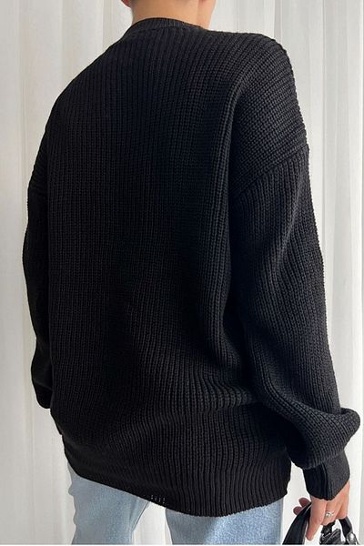 lovebox Women's Crew Neck Side Shabby Knit Design Black Oversize Knitwear Sweater 0249
