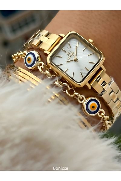 Reward Brand Steel Cord Yellow Color Square Case Women's Wristwatch + Nazar Beaded Bracelet Gift