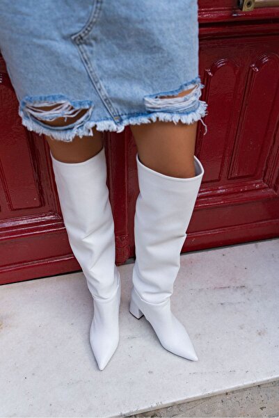 NİŞANTAŞI SHOES Γυναικείες μπότες με τακούνι White Matte - Μυτερές μύτες Berny