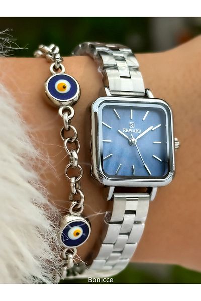 Reward Brand Steel Cord Blue Dial Square Case Women's Wristwatch + Nazar Beaded Bracelet Gift