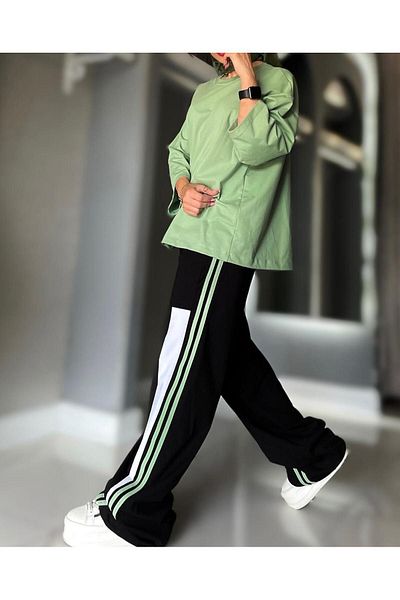 Machetta Women's Large Size T-Shirt Side Stripe Sweatpants Double Set