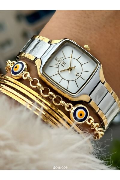 Reward Brand Steel Cord Yellow/Silver Square Case Women's Wristwatch+Nazar Beaded Bracelet Gift