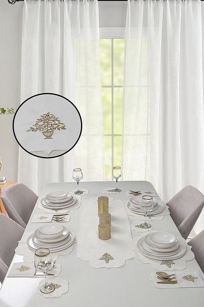 Bonny Home Cherry Tree Cream Gold - Σετ τραπεζαρίας 25 τεμαχίων κεντημένο λινό για 8 άτομα