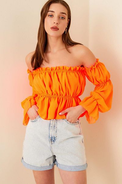 Swist Neonorange Madonna Damen-Chiffonbluse