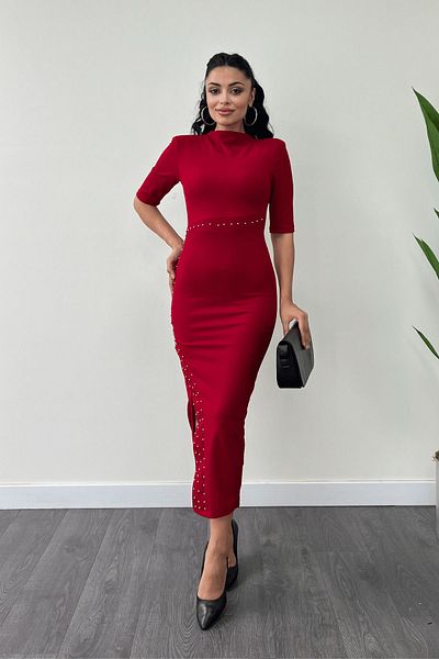 giyimmasalı Pearl Detailed Crepe Pencil Dress - Red
