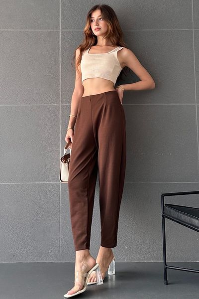 Fav Style Brown High Waist Elastic Cuffed Balloon Women's Trousers