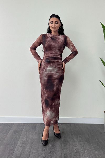 giyimmasalı Tulle Fabric Drape Detailed Pencil Dress - Claret Red