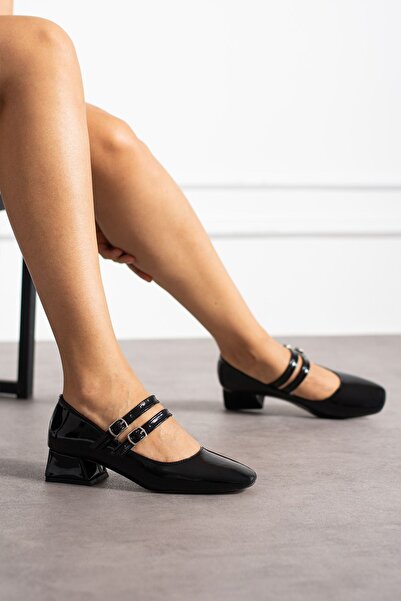 ZENNESHOES Mary Jane Women's Patent Leather Closed Back Double Band Square Toe Short Block Heeled Shoes