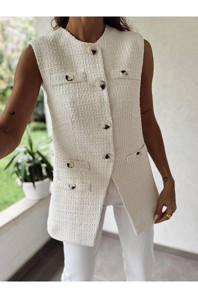 Maldia Shop Women's Tweed Fabric Long Ecru Fit Vest
