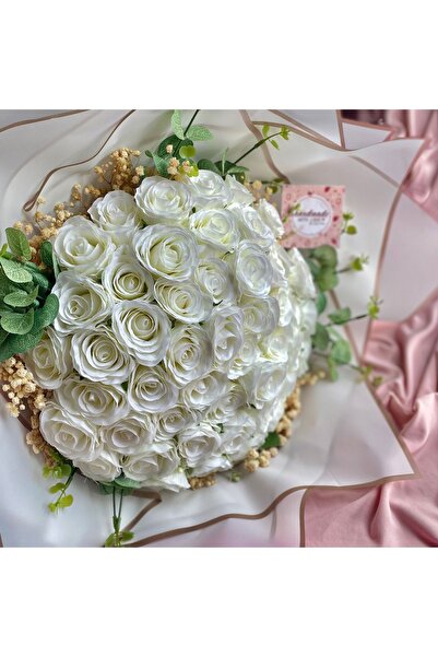 Handmade Gerçek Görünümlü Yapay Kumaş Gül Buketi - 54 Beyaz Gül - İsteme Çiçeği