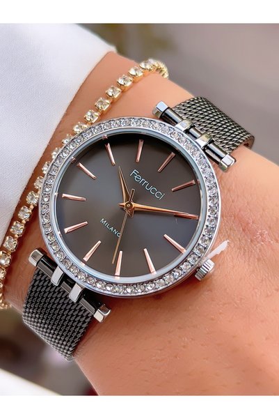 Ferrucci Steel Mesh Cord 3 Atm Waterproof Stone Motif Women's Wristwatch + Bracelet with Gift