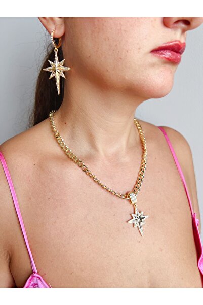 bellss accessory Gold Zirkon Taşlı Kuzey Yıldızı Kolye Küpe Takım
