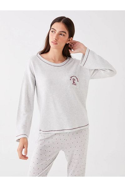 LC Waikiki Lcw Dream Gray Melange Crew Neck Embroidered Long Sleeve Fleece Women's Pajamas Top