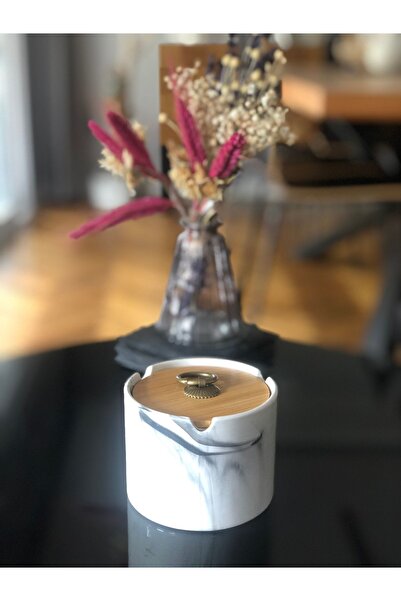 VonaHome منفضة سجائر سيراميك منقوشة بالرخام - غطاء من الخيزران، Ø10x7 سم