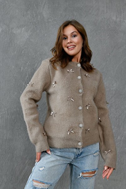 bayansepeti Brown Acrylic Fabric Stylish Button Design Bow Ecru Knitwear Cardigan 1041