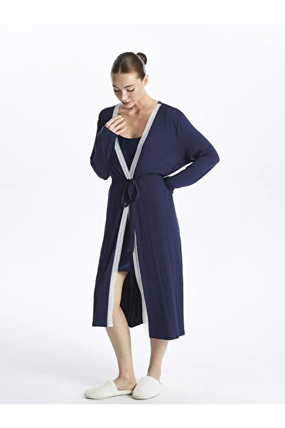 LC Waikiki Lcw Dream Navy Blue Shawl Collar Plain Long Sleeve Maternity Dress...