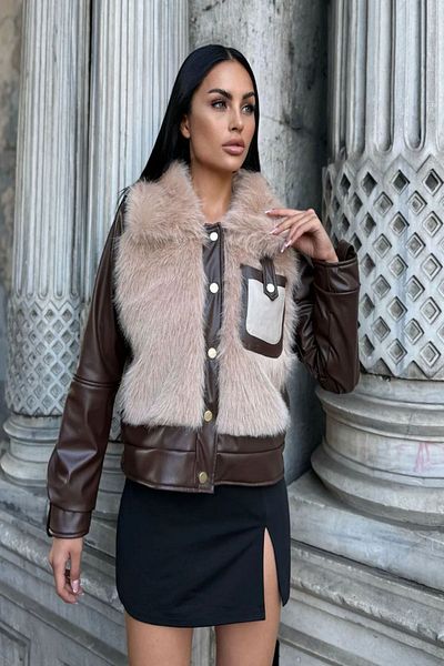 Lin Collection Women's Leather Brown Fur Garnished Pocket Equivalent Model