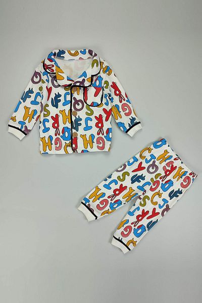 Peki 5-Piece Cotton Pajamas Set - Letter Detailed, Pocket and Wooden Buttoned Line Piping 14732