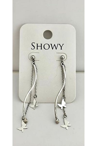 mos&more Silver Chain Dangle Heart Detailed Design Earrings