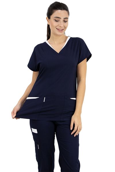 Alsancak Üniforma Set de tricou pentru doctor și asistentă din țesătură subțire din lycra albastru bleumarin Twin Flex