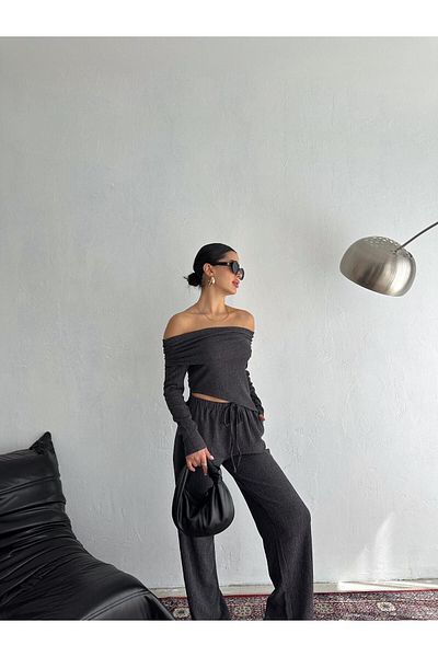 aytenli Bürümcük Suit Madonna Collar Triangle Cut Long Sleeve Blouse Elastic Waist Lace-Up Wide Pants Suit