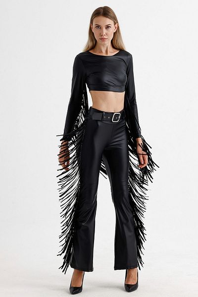 Sense Belted Tassel Detailed Faux Leather Trousers |   Pnt35799 Black