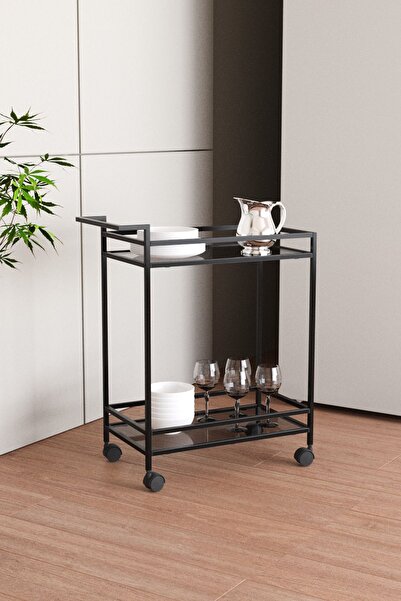 DEKOPRATİK Vorteks Çok Amaçlı Tekerlekli Yan Sehpa Sunum Servis Arabası Siyah