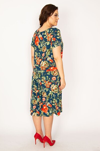 Şans Women's Large Size Colorful Waist Draped Floral Patterned Dress 65n33589
