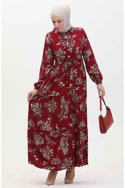 sefamerve Claret Red Patterned Viscose Dress - 0509-03