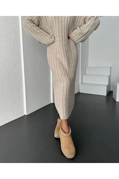 ANUBİS Bisiklet Yaka Örgü Desen Uzun Triko Elbise