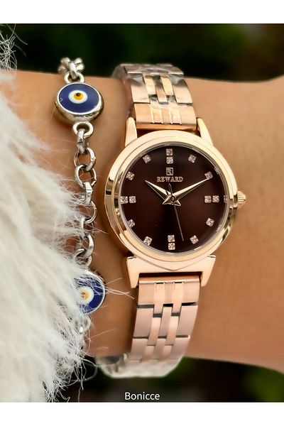 Reward New Model Steel Cord Rose Color Small Case Women's Wristwatch + Nazar Beaded Bracelet Gift