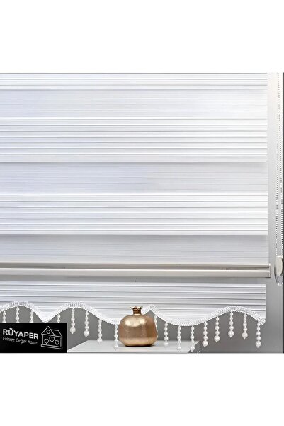 Genel Markalar Rüyaper Her Odaya Uygun Etek Dilimli Boncuklu Beyaz Pileli Zebra Perde