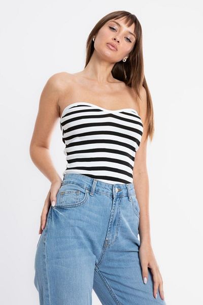 Hiccup   Crop top tricotat cu dungi fără bretele