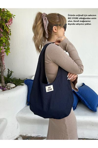 bee store Baguette albastru bleumarin cu velcro, căptușită, geantă din pânză, geantă de umăr pentru femei