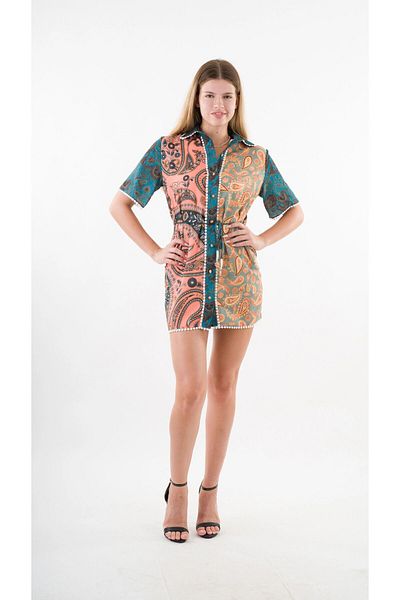 hazelin Green Yellow Cubed Shirt Dress - Rope Belt, Hzl24S-Yy237