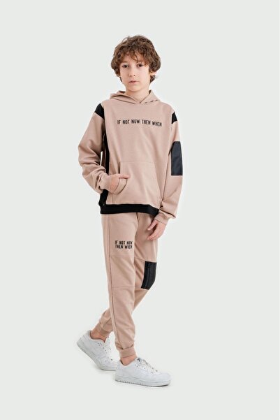 Mışıl Kids IF NOW THEN WHEN PRINTED Hooded Bottom Top Boy Sweatshirt Tracksuit Set