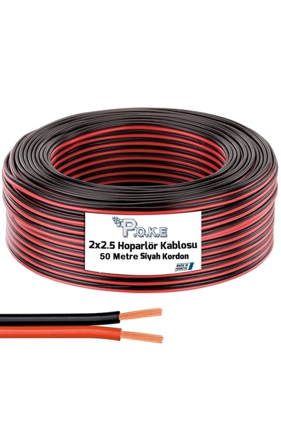 Poke Oto Elektrik  ve Ses Sistemi Hoparlör Kablosu 50 Metre Kordon  2x 2,5 Siyah  Kırmızı Çizgili