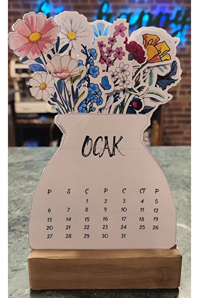 TOZLU RAF Çiçekli Takvim Özel Tasarım Özel Kesim Ahşap Ayaklı