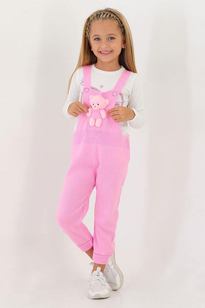 zepkids Pink Color Salopet with Strap and Buttoned Front Teddy Bear
