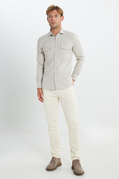 ALTINYILDIZ CLASSICS Erkek Bej Oxford Slim Fit Dar Kesim Klasik Yaka Çift Kapak Cepli Gömlek