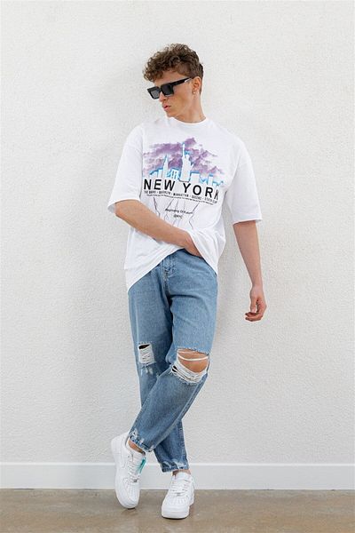 ablukaonline Λευκό ανδρικό μπλουζάκι Oversize - New York Printed