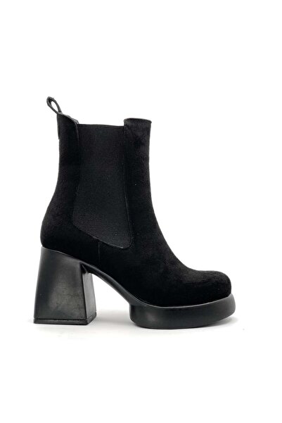 Seribo Elasticated Platform Sole 9 Cm Heeled Women's Boots BLACK-SUEDE