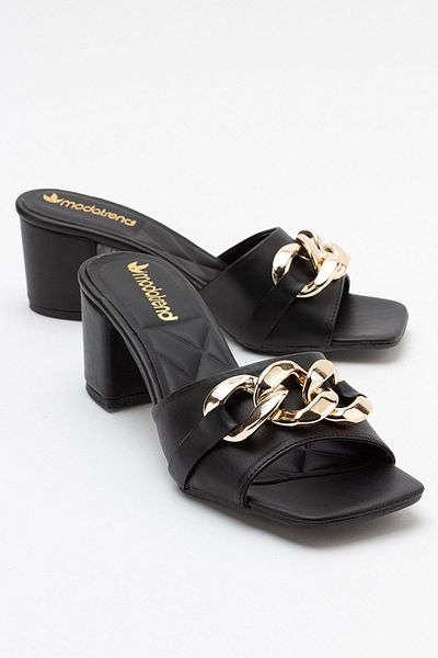 Ccway Chained Women's Heeled Slippers BLACK SKIN