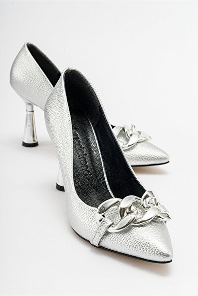 Ccway Pantofi cu toc cu lanț de damă IMPRIMAT ARGINT