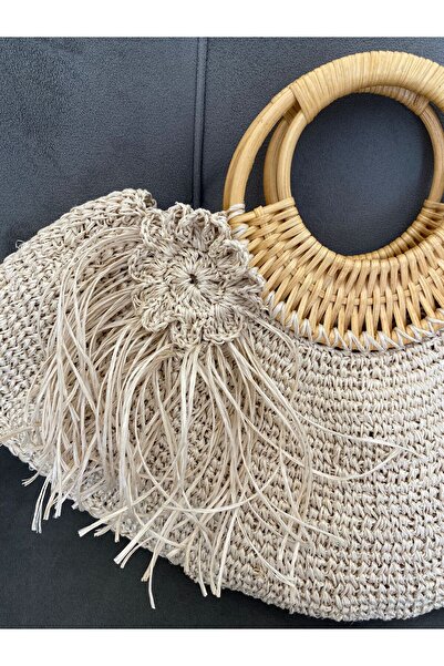 Pembe Portakal Örgü Çanta /hasır Çanta / Rafya Örgü Bambu Keten Çanta