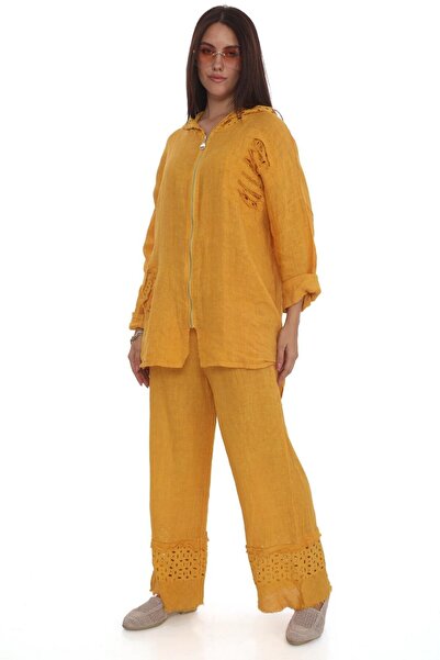 Bohem Stil Set de jachete cu glugă, pantaloni de in, cu detalii festonate ita...